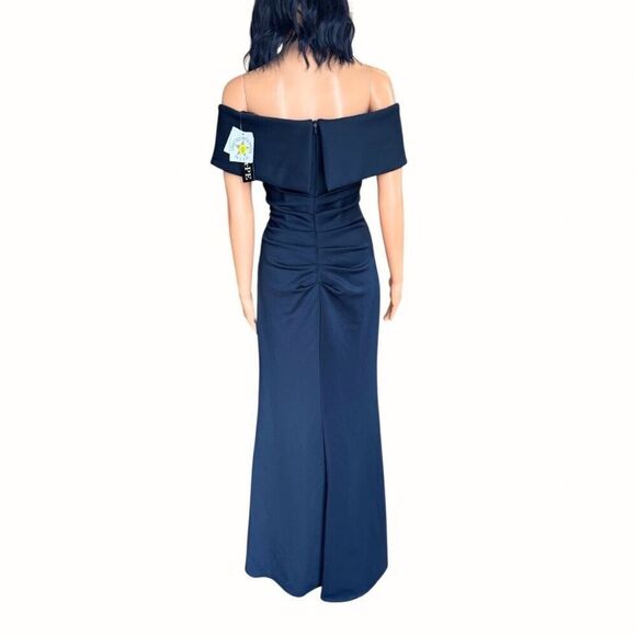 NWT XSCAPE Navy Patti Long Off the Shoulder Scuba Crepe Dress - Picture 9 of 10
